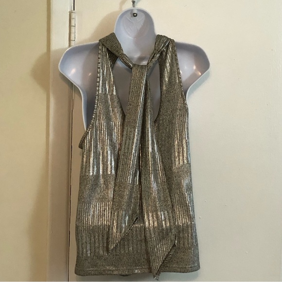 Maeve By Anthropologie Metallic High Neck , Cut Away Arm,Back Tie Shirt,Size Sm - Picture 10 of 13